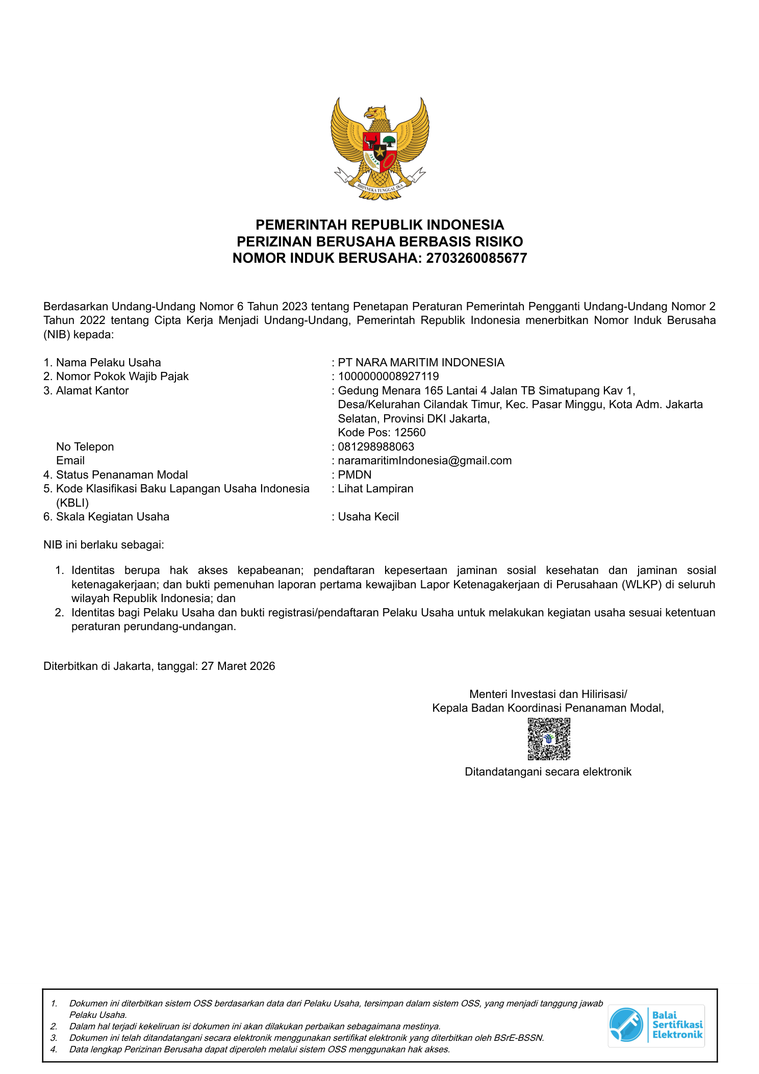 Nomor Induk Berusaha (NIB)