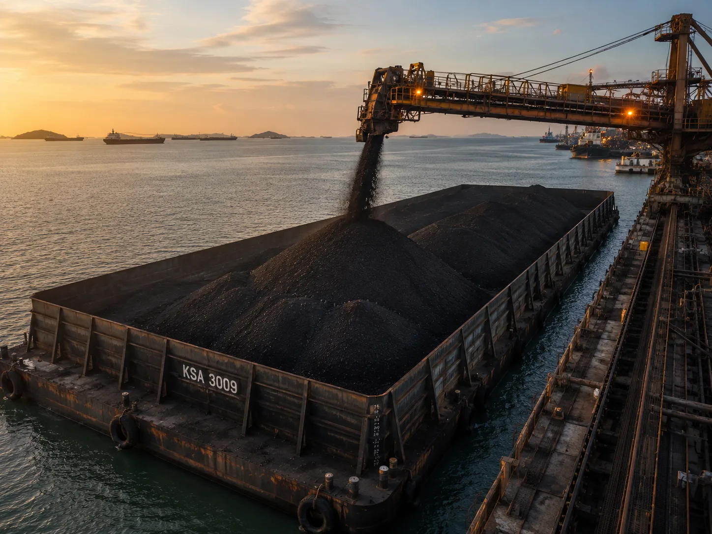 Coal-loaded barge towed by tugboat across Indonesian sea — bulk commodity transport